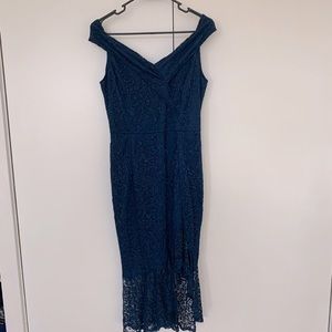 Off-shoulder Navy Fitted Lace High-Low Dress